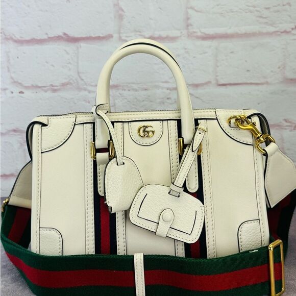 Authentic Gucci Web Sherry Line 2 Way Small Bauletto Leather Bag 715772 White - Picture 2 of 16
